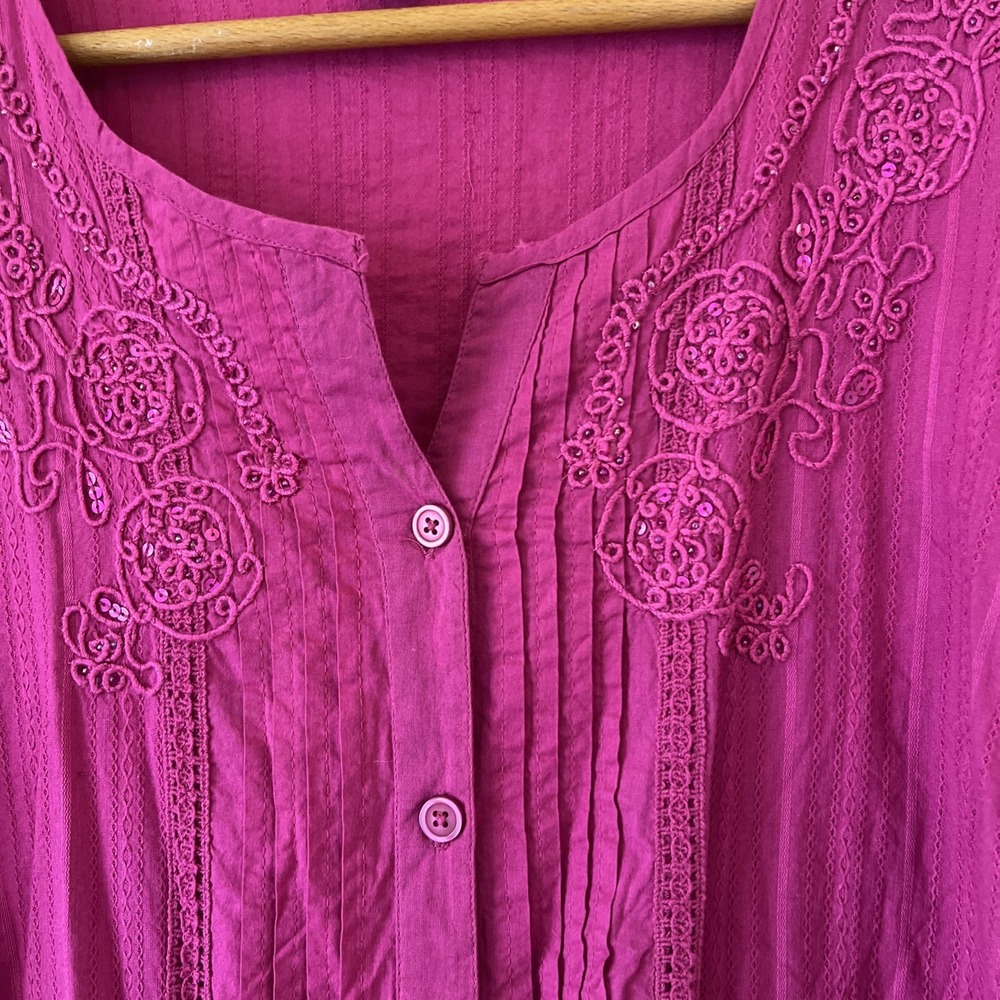 Laura Scott Boho Top Size Extra Large Pink Embroidered Peasant Button Up 3/4 - Picture 7 of 14